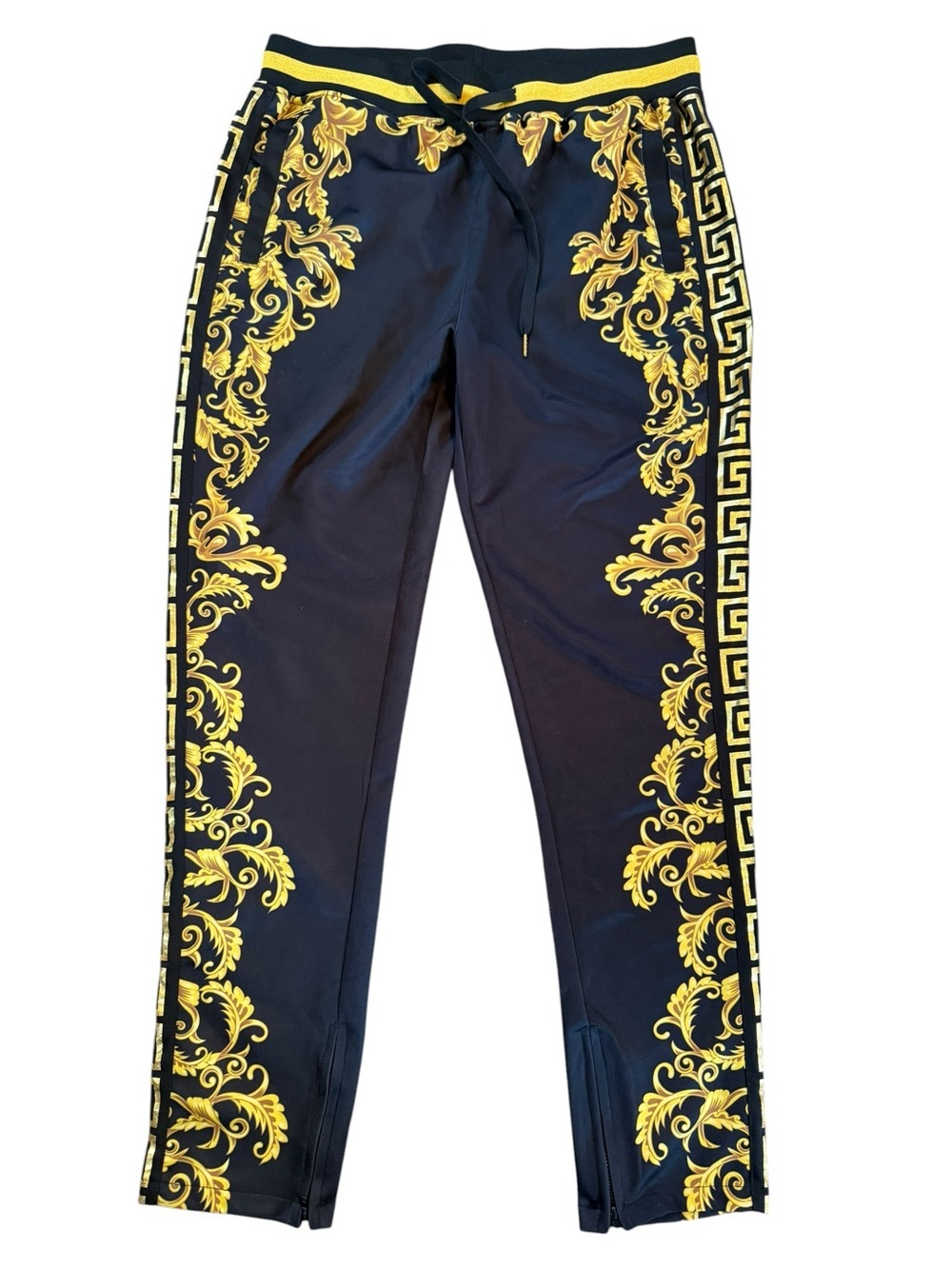 Mens Victorious Black & Gold Baroque Track Pants Luxury Athletic Style Size 2XL